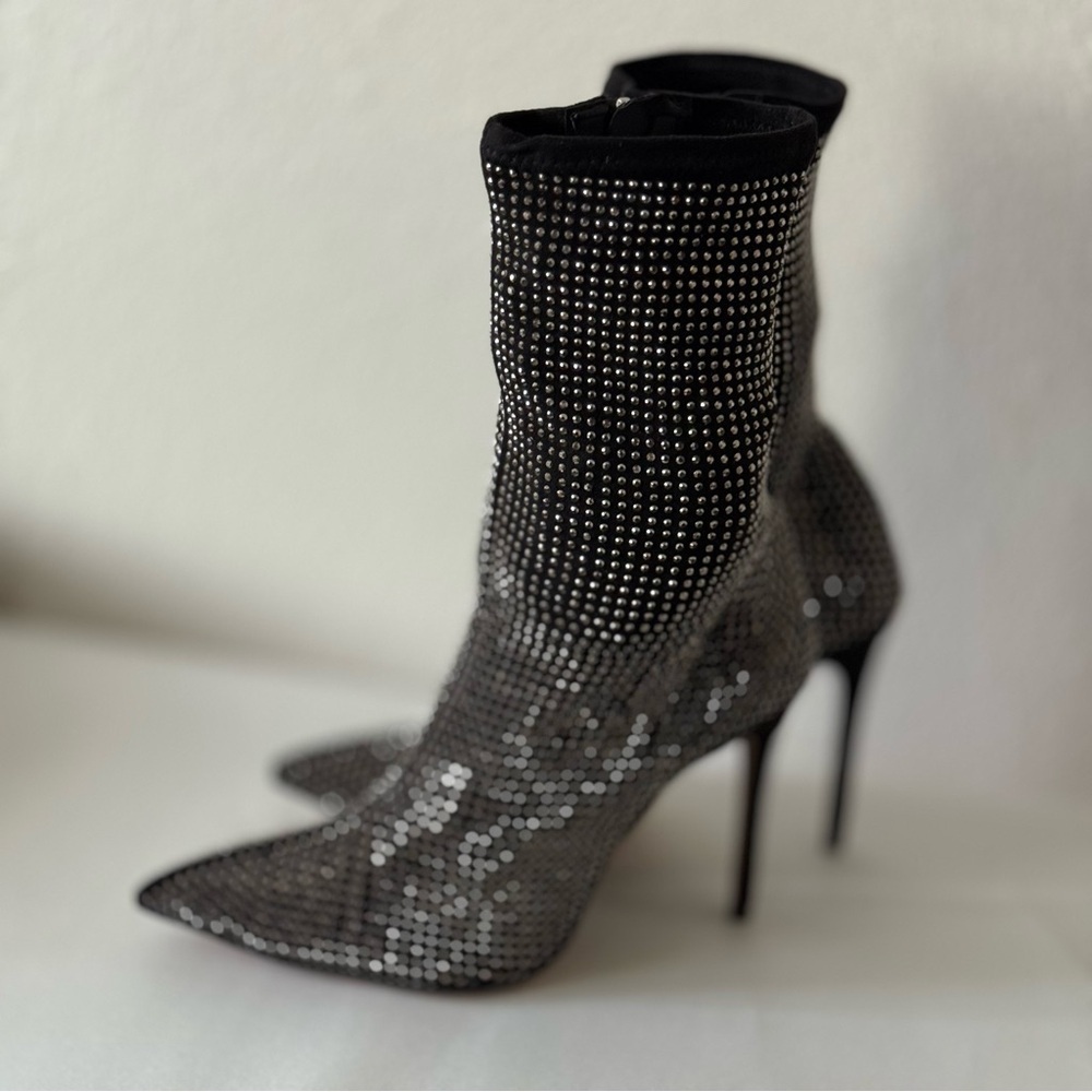 NEW! SCHUTZ Sybil Studded Point Toe High Heel Black Rhinestone Embellished Boots - Picture 9 of 12